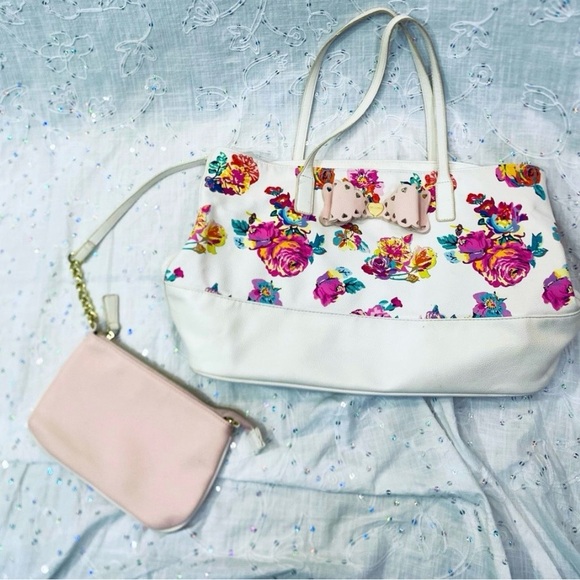 Betsey Johnson Handbags - Betsey Johnson Floral Bow Tote + Mini Pouch 2 Piece Set